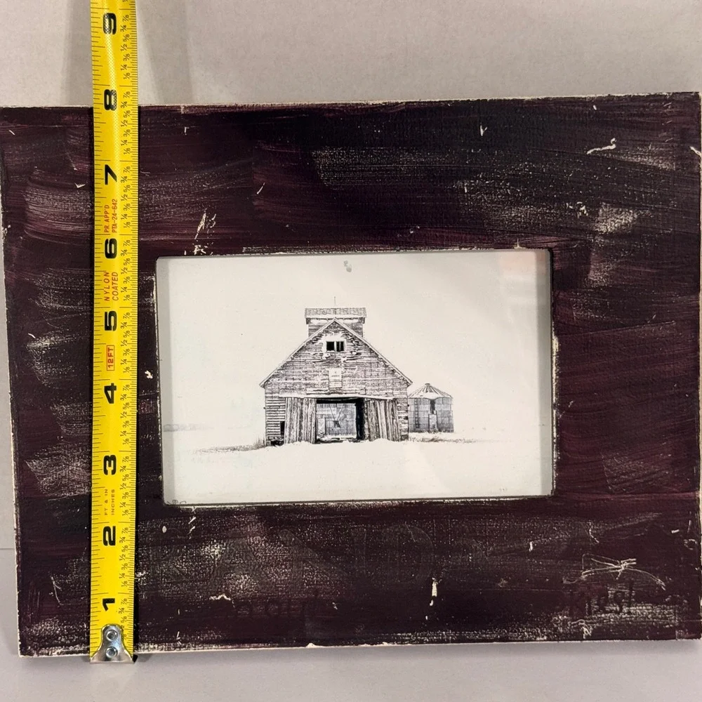 Rustic Farmhouse Barn Art Print Distressed Hand Painted Burgundy Frame 8x9.5